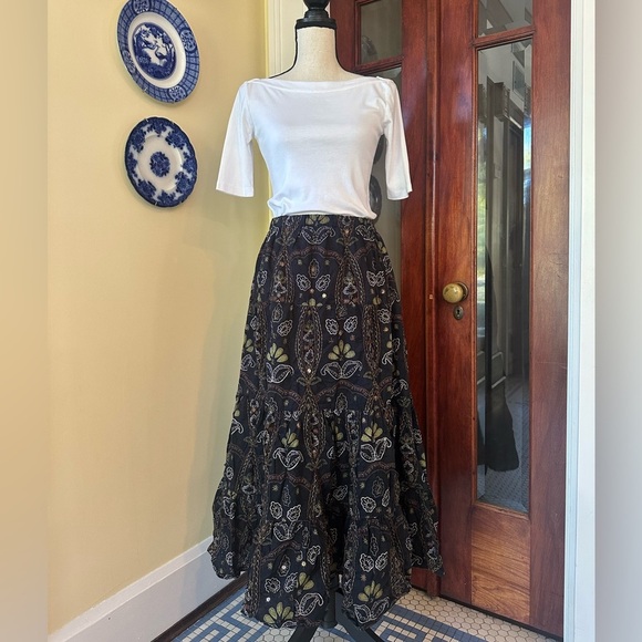 CHICO’S | Tiered Black Maxi Skirt Boho Embroidery & Sequins, Size S - Picture 1 of 10